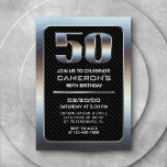 Men's 50th Birthday Invitation<br><div class="desc">Gear up for a boys' bash with this edgy birthday design for him! Featuring bold, sleek typography over a carbon fiber-like background, this design is built like a two-ton truck. The chrome metal and black textures just ooze masculine vibes, reminiscent of modern tech, futuristic sci-fi, and industrial grit. Perfect for...</div>