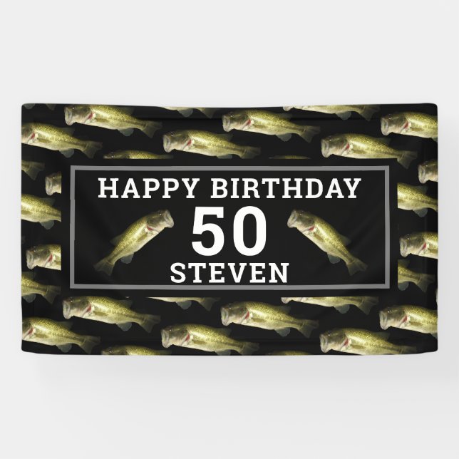 Mens 50th Birthday Party Bass Fishing Personalized Banner (Horizontal)