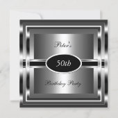 Mens  50th Birthday Party Black  Silver Invitation (Front)