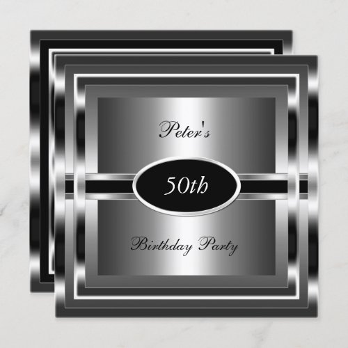 Mens  50th Birthday Party Black  Silver Invitation