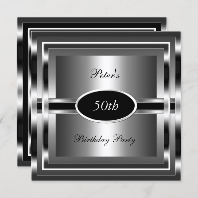Mens  50th Birthday Party Black  Silver Invitation (Front/Back)