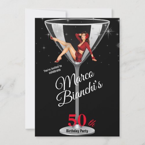 Mens 50th Birthday Party Girl in Martini Glass  Invitation