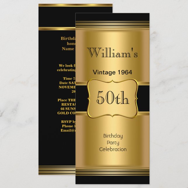 Mens 50th Birthday Party Gold Black Vintage Invitation (Front/Back)