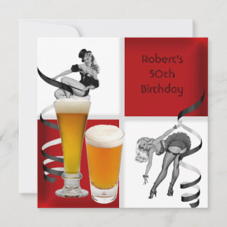 Mens 50th Birthday Red Check Retro Girl PINUP Beer Invitation