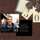 Mens 50th  double sided modern photo birthday invitation<br><div class="desc">add a photo to this fun birthday invitation featuring a photo template where you can add a photo of choice and a black colorblock where it says this man is turning 50 , you can also add the date to the front of the invitation. on the revirse you can add...</div>