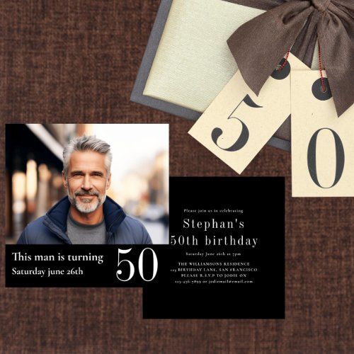 Mens 50th  double sided modern photo birthday invitation