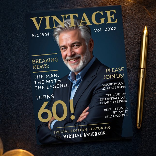Mens 60th Birthday Magazine Style Invitation (Close up of gold navy invite with premium typography and clean layout)