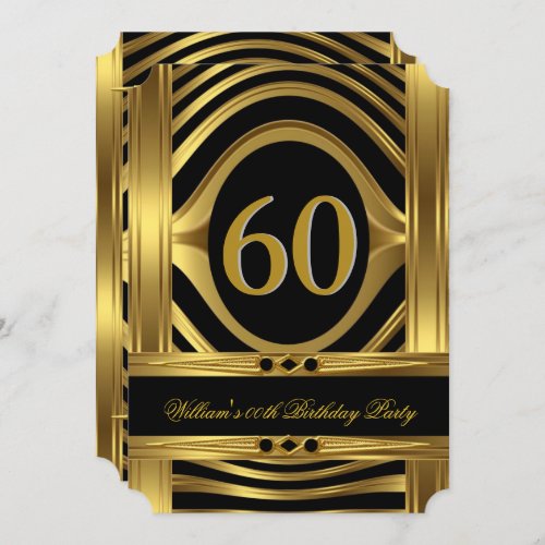 Mens 60th Birthday Metal Gold Look Black Jewel Invitation