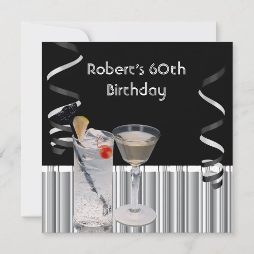 Mens 60th Birthday Party Black Silver Drinks Invitation