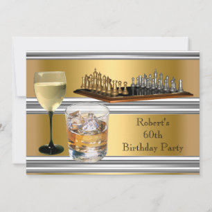Mens 60th Birthday Party Chess Set Drinks Gold Invitation