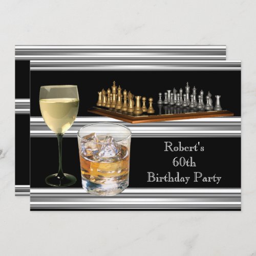 Mens 60th Birthday Party Chess Set Drinks Silver Invitation