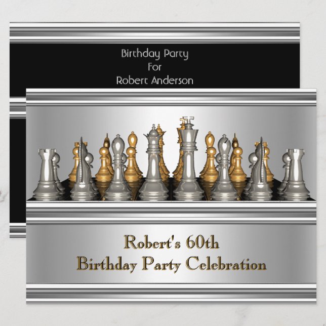 Mens 60th Birthday Party Chess Set Metal Invitation (Front/Back)