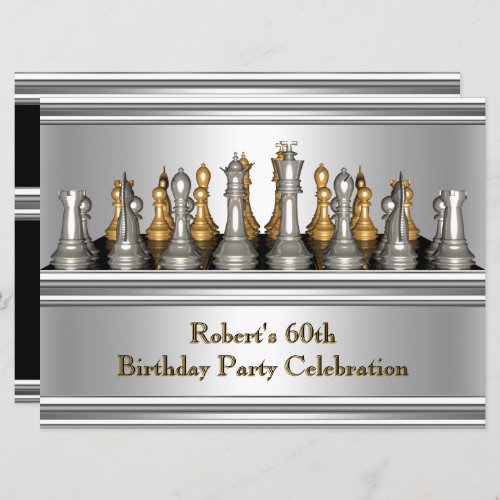Mens 60th Birthday Party Chess Set Metal Invitation