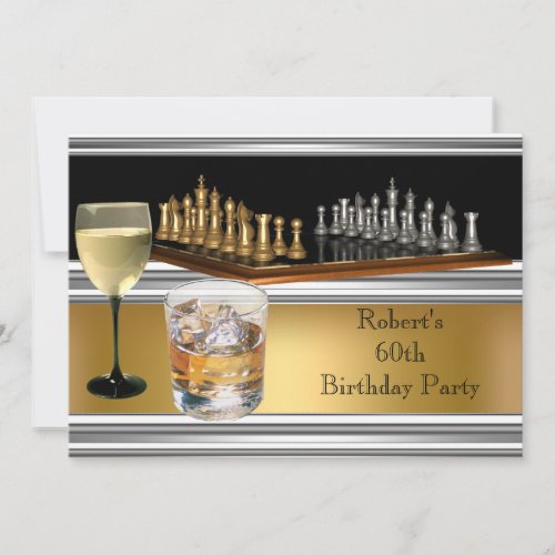 Mens 60th Birthday Party Chess Set Wine Gold Invitation