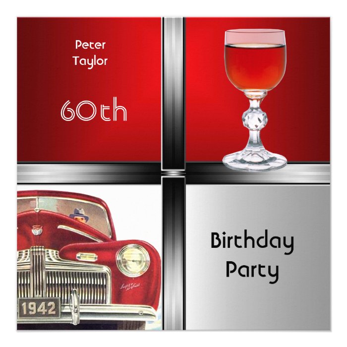 Mens 60th Birthday Party Red Metal Silver Red Car Invitations