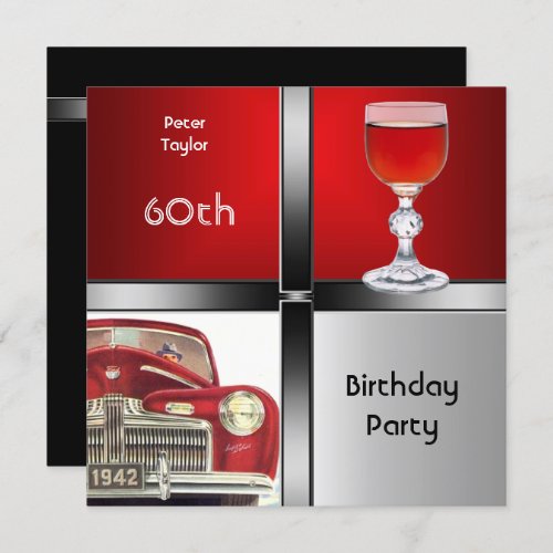 Mens 60th Birthday Party Red Metal Silver Red Car Invitation