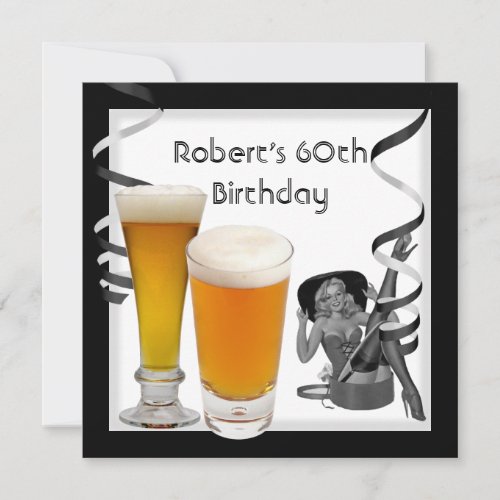 Mens 60th Birthday Party Retro Girl PINUP Beer Invitation