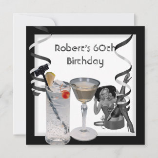 Mens 60th Birthday Party Retro Girl PINUP Drinks Invitation