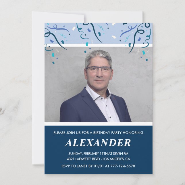 Mens 65th birthday invitations Photo Navy Blue (Front)