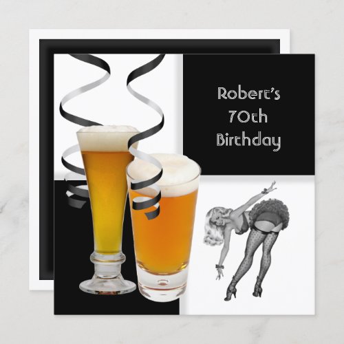 Mens 70th Birthday Check Retro Girl PINUP Beer Invitation