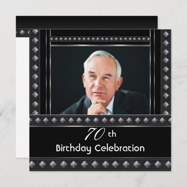 Mens 70th Birthday Party Black White Silver Invitation (Front/Back)