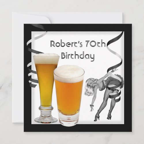 Mens 70th Birthday Party Retro Girl PINUP Beer Invitation