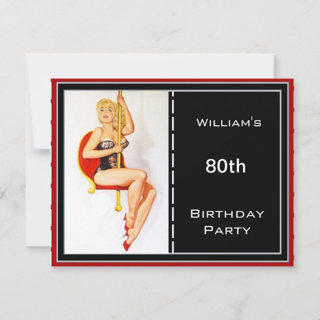 Mens 80th Birthday Party Red Black Pin-up Invitation (Front)