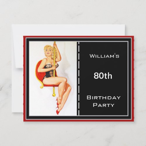 Mens 80th Birthday Party Red Black Pin_up Invitation