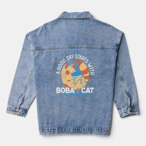 Mens A Good Day Starts With Boba Cat Boba Tea Bubb Denim Jacket