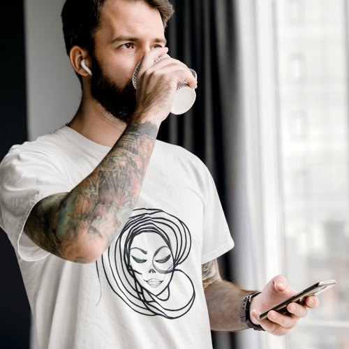 Mens Abstract Line Art Siren Hair Swirl Skull  T_Shirt