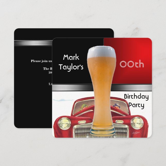 Mens Add Age Birthday Party Red Beer Old Car Invitation (Front/Back)
