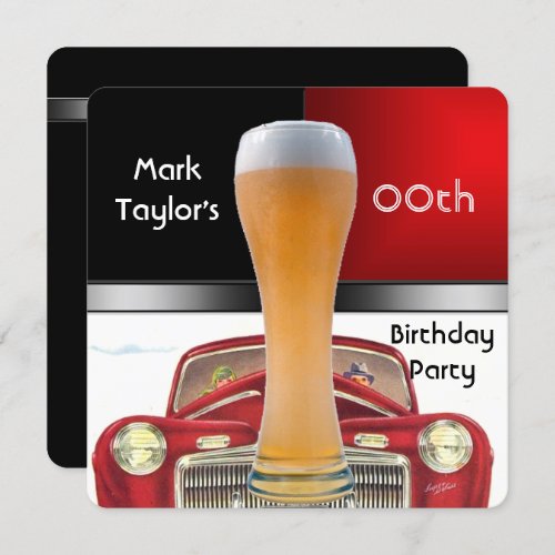 Mens Add Age Birthday Party Red Beer Old Car Invitation