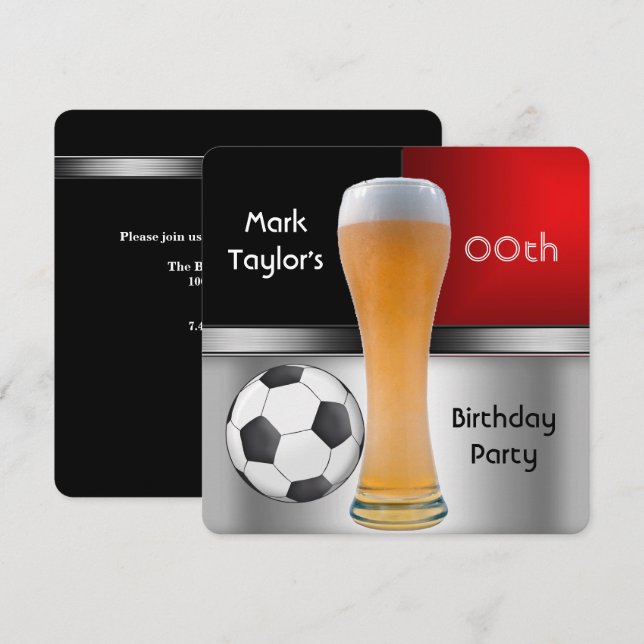 Mens Add Age Birthday Party Red Beer Soccer Ball Invitation (Front/Back)