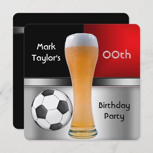 Mens Add Age Birthday Party Red Beer Soccer Ball Invitation