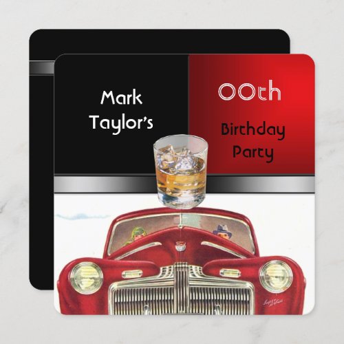 Mens Add Age Birthday Party Red Drink Old Car Invitation