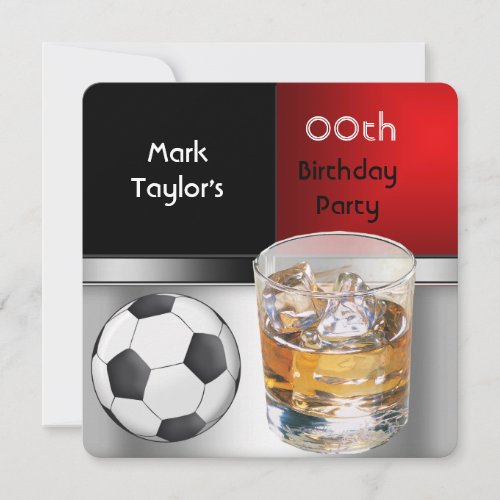 Mens Add Age Birthday Party Red Drink Soccer Invitation