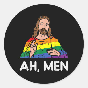 Mens Ah Men Rainbow Gay Jesus Christian LGBT Classic Round Sticker