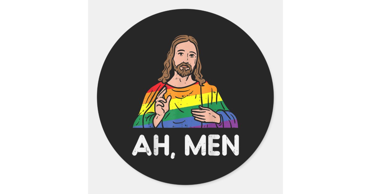 Mens Ah Men Rainbow Gay Jesus Christian LGBT Classic Round Sticker