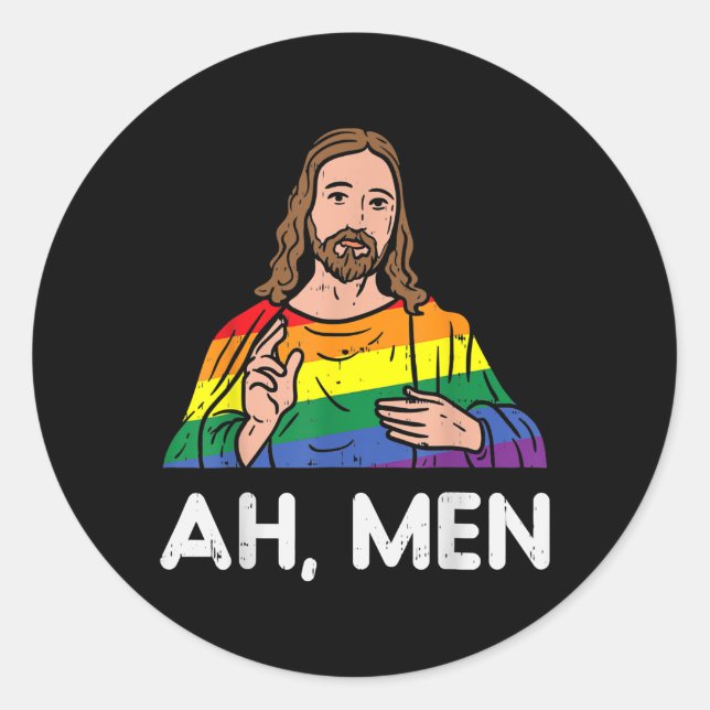Mens Ah Men Rainbow Gay Jesus Christian LGBT Classic Round Sticker (Front)
