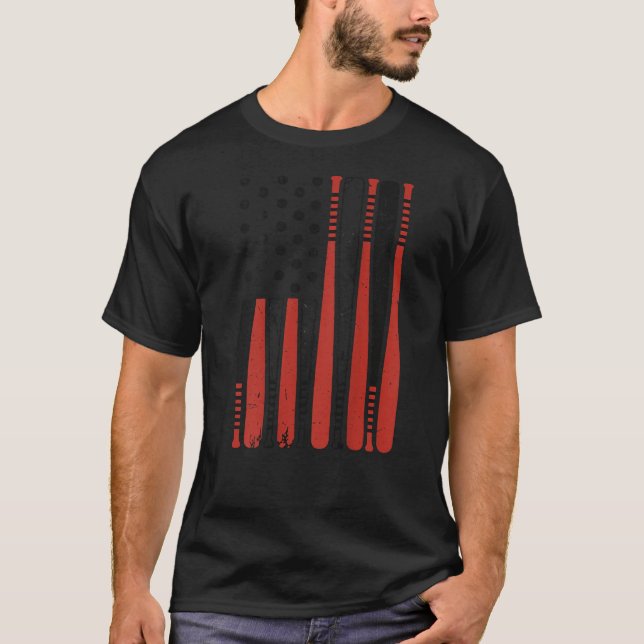 Mens American Flag Baseball Bat Youth Boy Patrioti T-Shirt (Front)