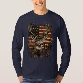 Men's American Flag Deer Hunting Tee, Long Sleeves T-Shirt