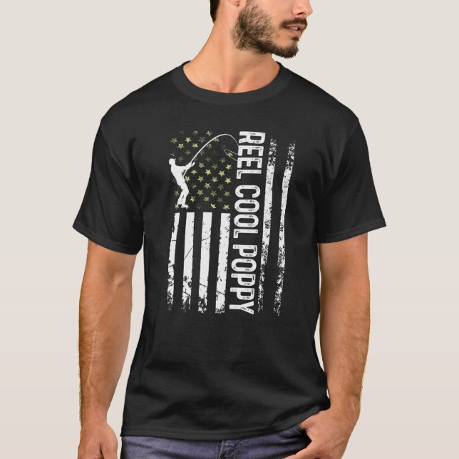 Mens American Flag Reel Cool Poppy For Daddy Husba T-Shirt (Front)
