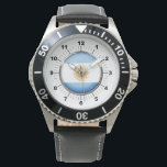 Men's Argentina Flag Black Leather Strap Watch<br><div class="desc">Argentina Flag</div>