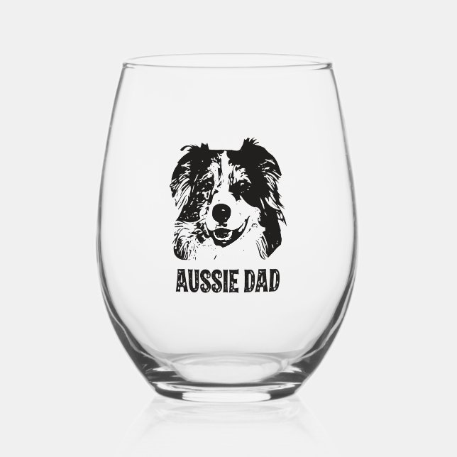 Mens Aussie Dad - Australian Shepherd Dog Dad Stemless Wine Glass (Front)
