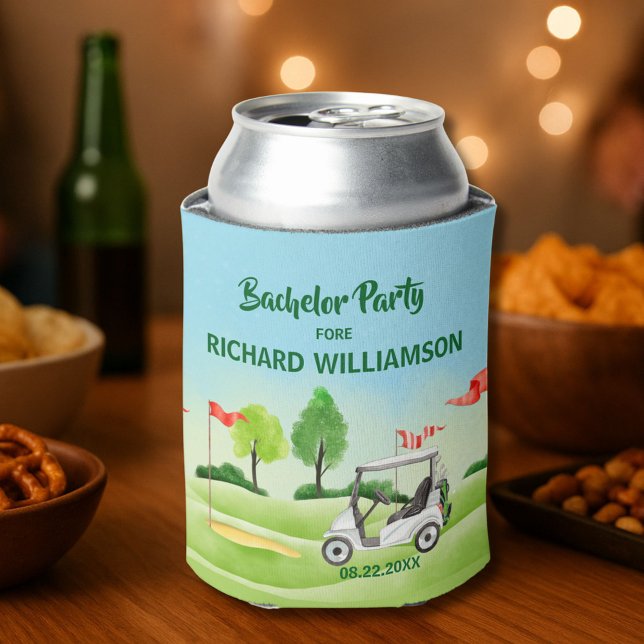 Men's Bachelor Party Golf Theme Name Date Can Cooler (Creator Uploaded)