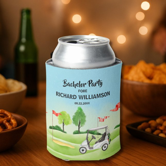 Men's Bachelor Party Golf Theme Name Date Can Cooler (Creator Uploaded)