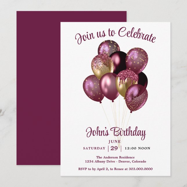Mens Balloons Birthday  Invitation (Front/Back)