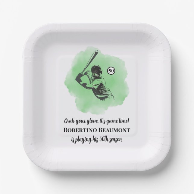 Men's Baseball Hitting 50th Birthday Paper Plates (Front)