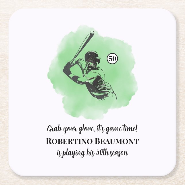Men's Baseball Hitting 50th Birthday Square Paper Coaster (Front)