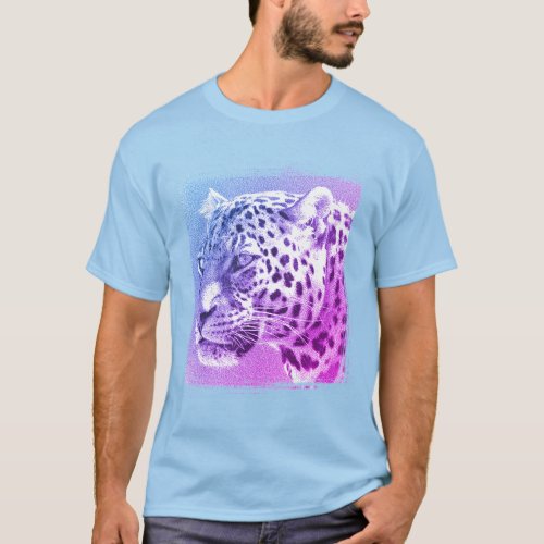 Mens Basic Light Blue T_Shirt Leopard Head